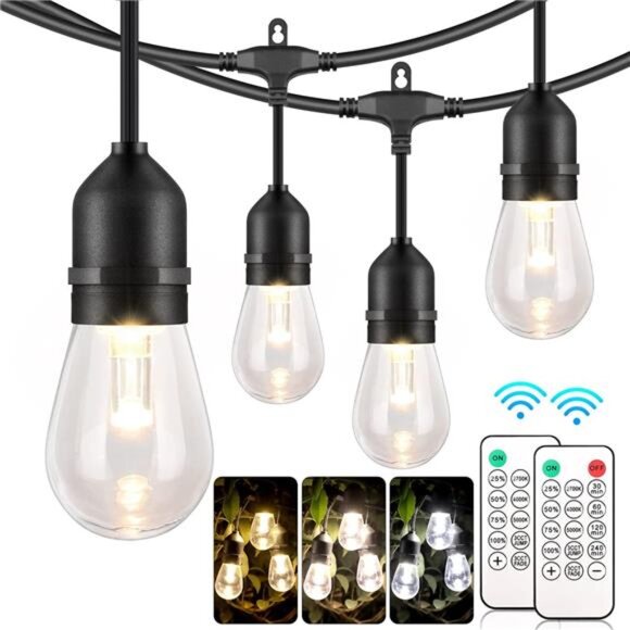 3 Color Outdoor LED Dimmable String Lights for Patio with Remote, Plug in 48FT - Picture 1 of 7
